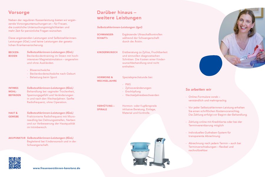 Flyer Frauenheilkunde im Fokus, Innenseite: Vorsorge, weitere Leistungen, So arbeiten wir