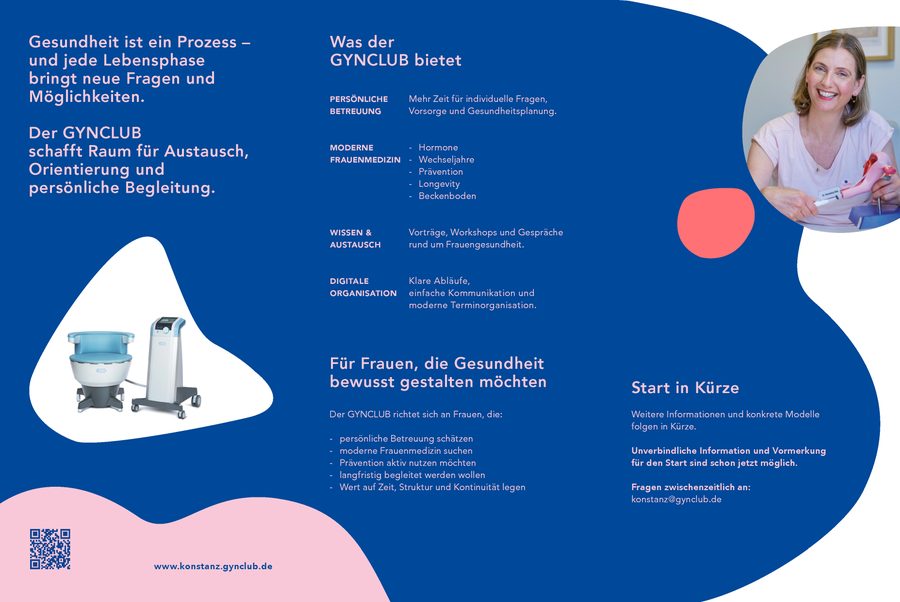 Flyer GYNCLUB, Innenseite: Was der GYNCLUB bietet, für wen, Start in Kürze